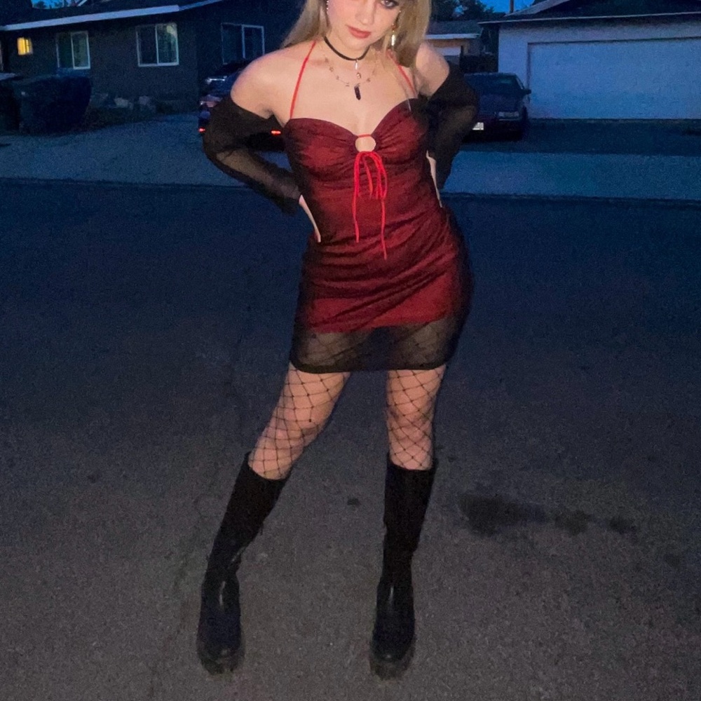 Red and black mesh dress